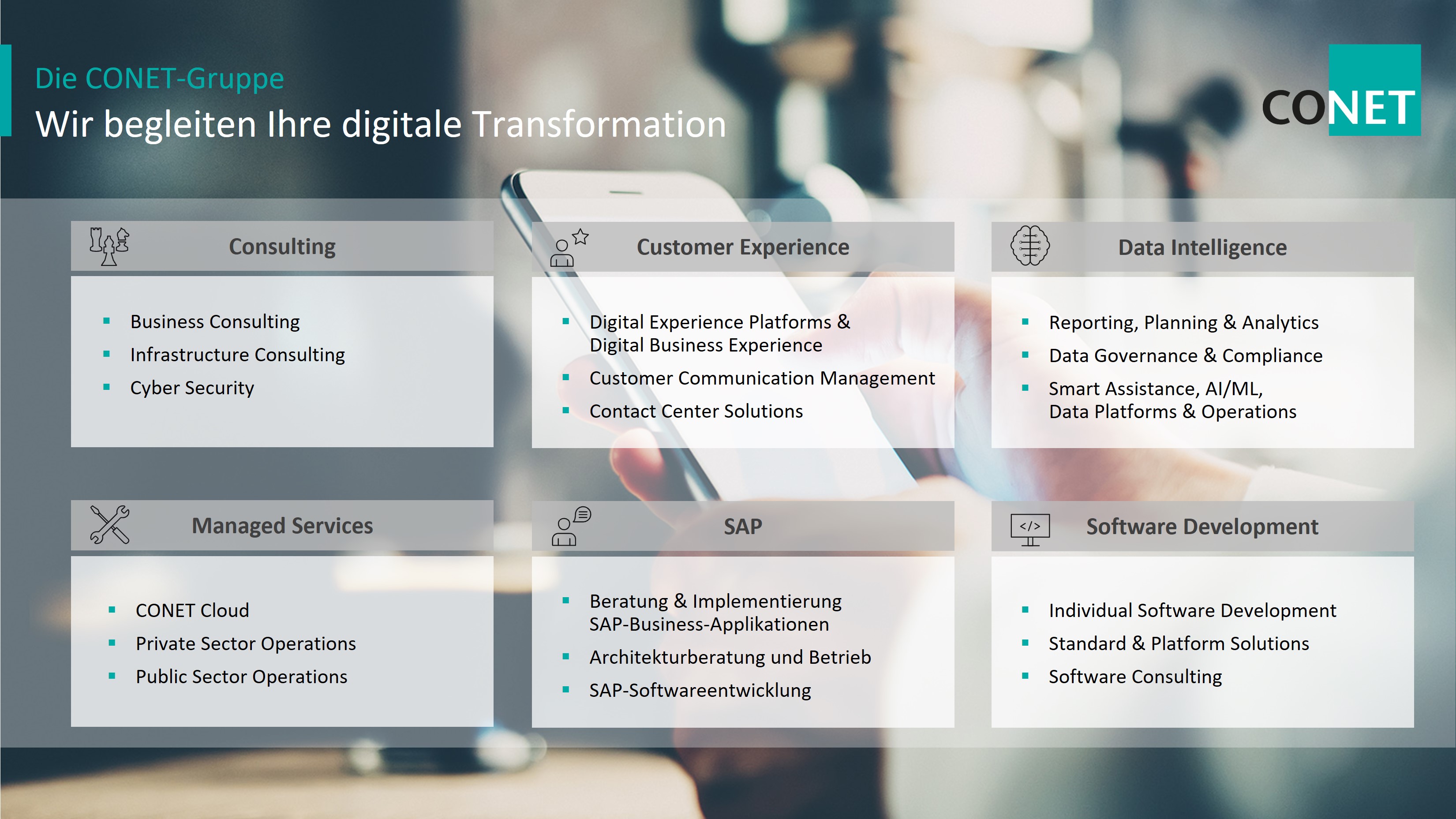 ï»¿CONET ist das kompetente IT-Beratungshaus fÃ¼r SAP, Infrastructure,Communications,<br/>
Software und Consulting in den Schwerpunktbereichen Cyber Security, Cloud,<br/> 
Mobility und Big Data.